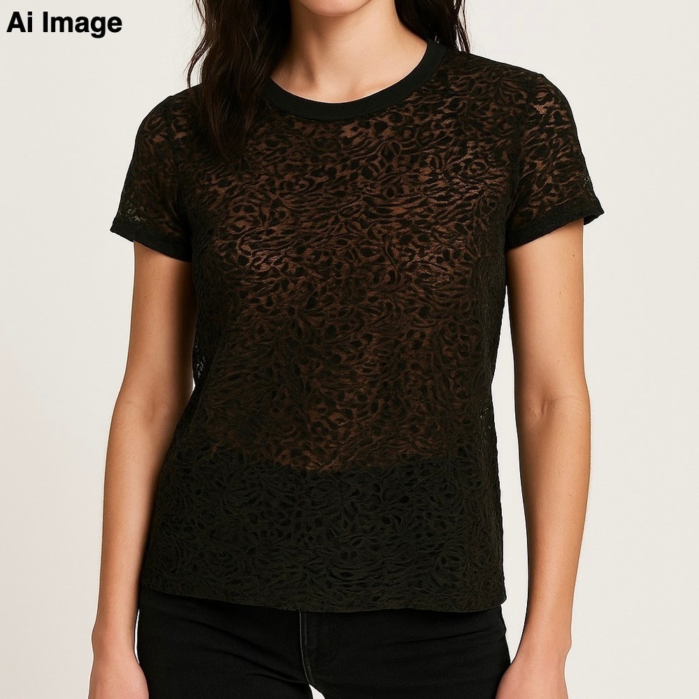 We The Free Burnout Velvet Short Sleeve Top Black Copper Sheer XS Edgy‎ Festive